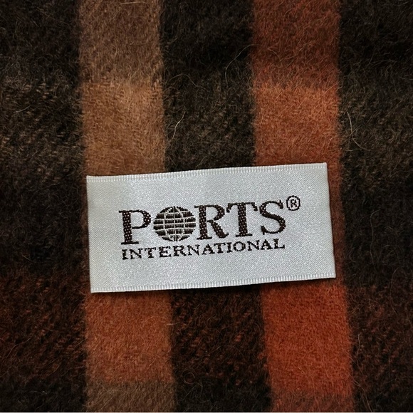 Ports International Virgin Wool Plaid Scarf Brown Orange Fringe Vintage 53” - Picture 4 of 5